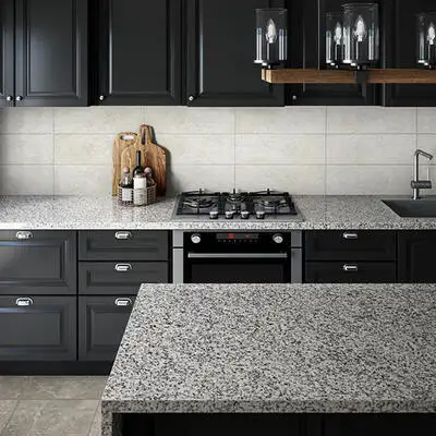 Image of installed Bengal White Grey Granite countertops