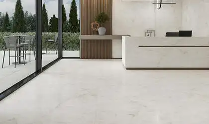 Image of installed Panoramic Porcelain Surfaces Opalite White Porcelain countertops