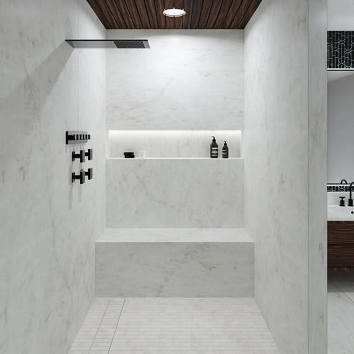 Image of installed Panoramic Porcelain Surfaces Opalite White Porcelain countertops