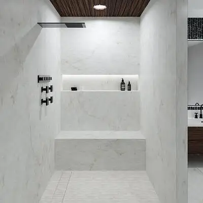 Image of installed Panoramic Porcelain Surfaces Opalite White Porcelain countertops