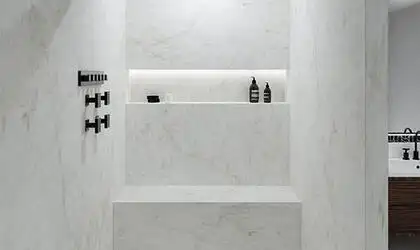 Image of installed Panoramic Porcelain Surfaces Opalite White Porcelain countertops