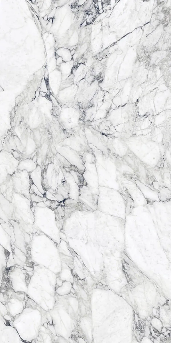 Closeup image of Panoramic Porcelain Surfaces Gypsum Calacatta White Porcelain countertop slab