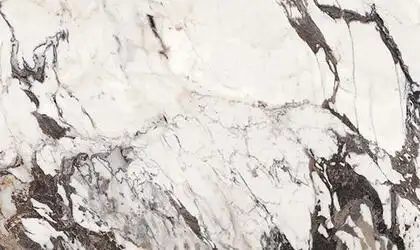 Closeup image of Panoramic Porcelain Surfaces Calacatta Aries White Porcelain countertop slab