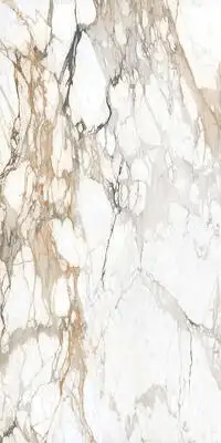 Closeup image of Panoramic Porcelain Surfaces Calacatta Topaz White Porcelain countertop slab