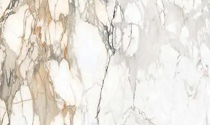 Closeup image of Panoramic Porcelain Surfaces Calacatta Topaz White Porcelain countertop slab