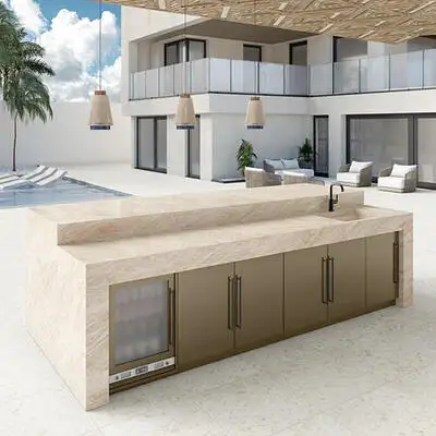 Image of installed Taj Mallorca Grey Quartzite countertops