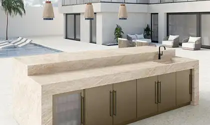 Image of installed Taj Mallorca Grey Quartzite countertops