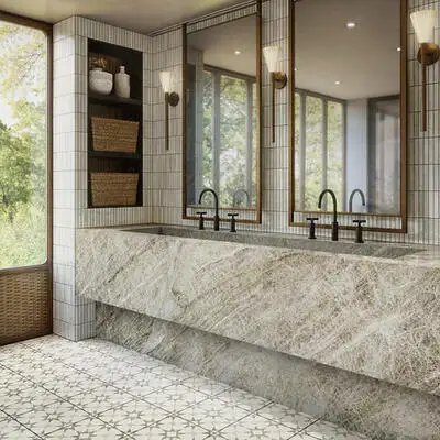 Image of installed Taj Mallorca Grey Quartzite countertops