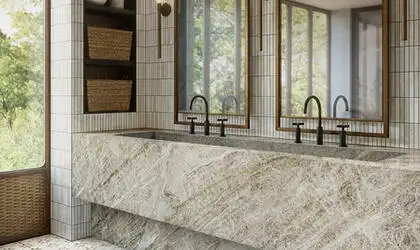 Image of installed Taj Mallorca Grey Quartzite countertops