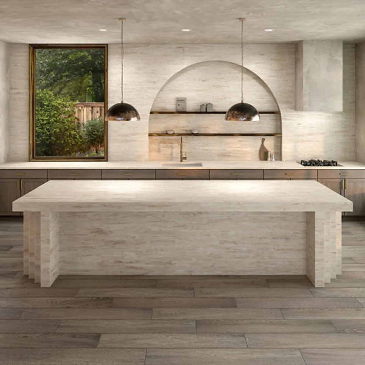 Image of installed ONE Quartz Surfaces Sedona Beige Quartz countertops