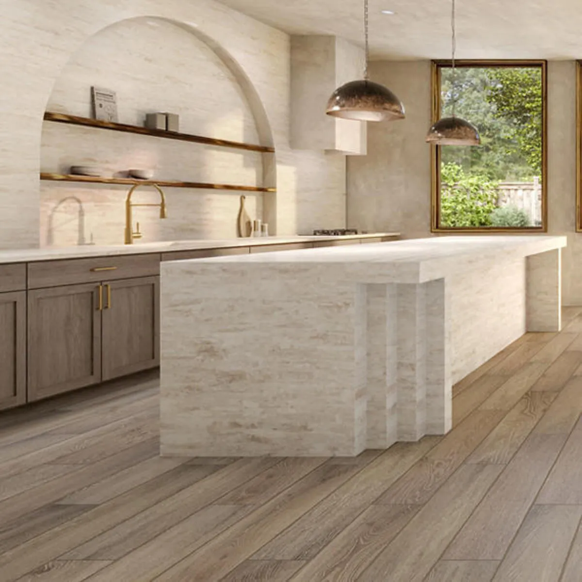 Image of installed ONE Quartz Surfaces Sedona Beige Quartz countertops