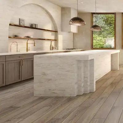 Image of installed ONE Quartz Surfaces Sedona Beige Quartz countertops