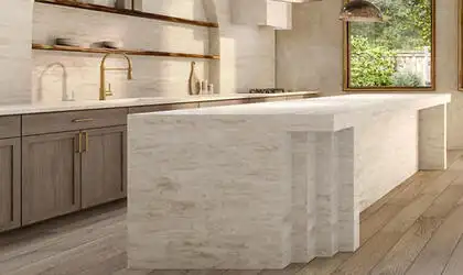 Image of installed ONE Quartz Surfaces Sedona Beige Quartz countertops