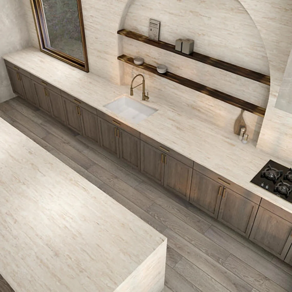 Image of installed ONE Quartz Surfaces Sedona Beige Quartz countertops
