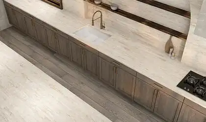 Image of installed ONE Quartz Surfaces Sedona Beige Quartz countertops