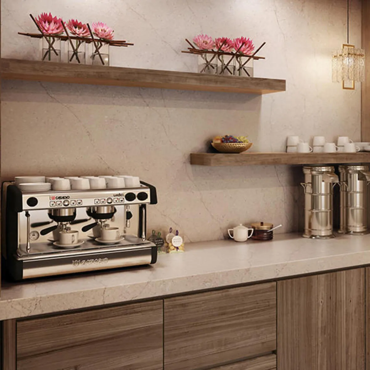 Image of installed ONE Quartz Surfaces Capitol Beige Beige Quartz countertops
