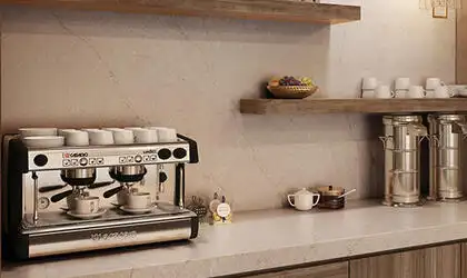 Image of installed ONE Quartz Surfaces Capitol Beige Beige Quartz countertops