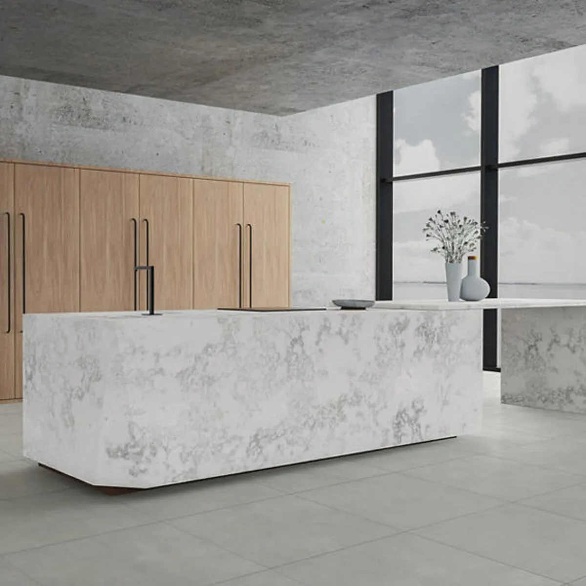 Image of installed ONE Quartz Surfaces Moongaze White Quartz countertops