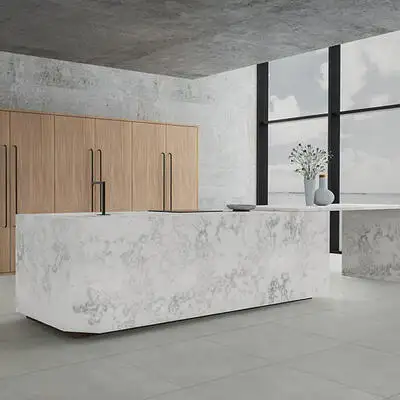 Image of installed ONE Quartz Surfaces Moongaze White Quartz countertops