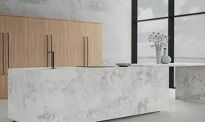 Image of installed ONE Quartz Surfaces Moongaze White Quartz countertops