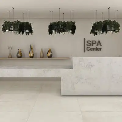 Image of installed ONE Quartz Surfaces Moongaze White Quartz countertops