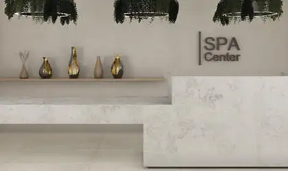 Image of installed ONE Quartz Surfaces Moongaze White Quartz countertops