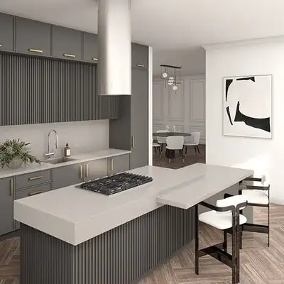 Image of installed ONE Quartz Surfaces Ash Grey Beige Quartz countertops