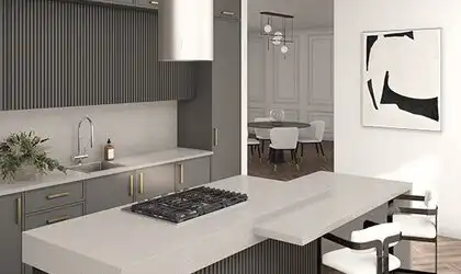 Image of installed ONE Quartz Surfaces Ash Grey Beige Quartz countertops