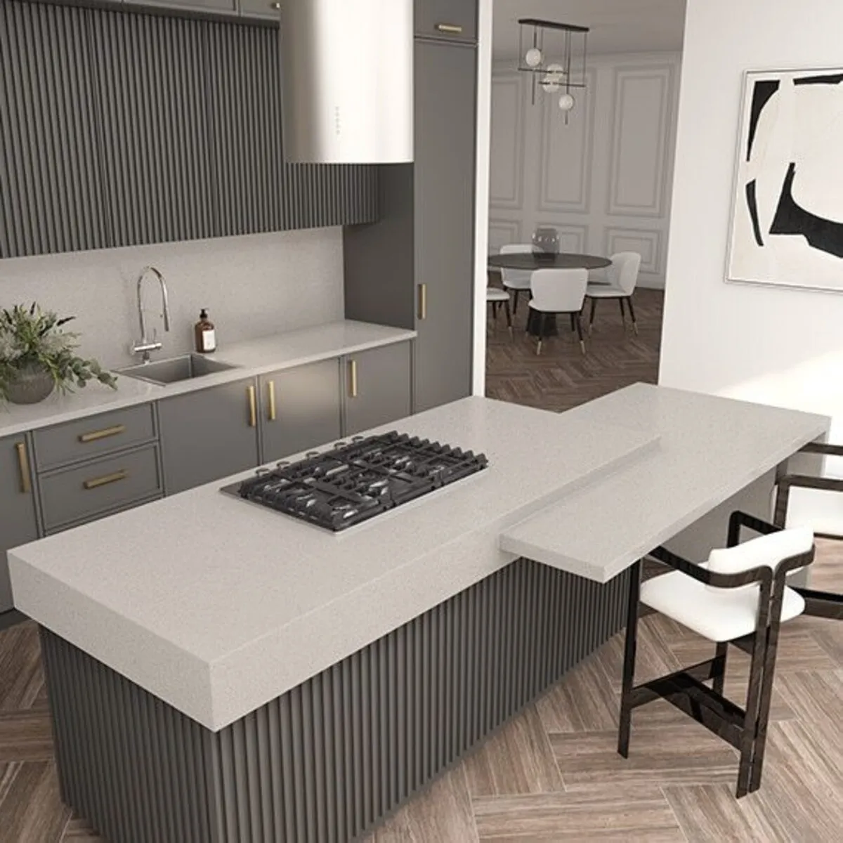 Image of installed ONE Quartz Surfaces Ash Grey Beige Quartz countertops