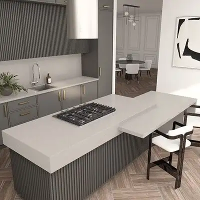 Image of installed ONE Quartz Surfaces Ash Grey Beige Quartz countertops
