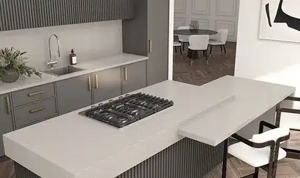 Image of installed ONE Quartz Surfaces Ash Grey Beige Quartz countertops