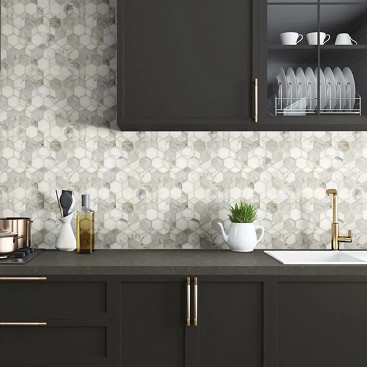 Image of installed ONE Quartz Surfaces Concrete Grey Black Quartz countertops