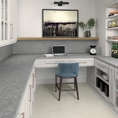 Image of installed ONE Quartz Surfaces Armor Grey Grey Quartz countertops