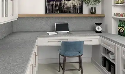 Image of installed ONE Quartz Surfaces Armor Grey Grey Quartz countertops