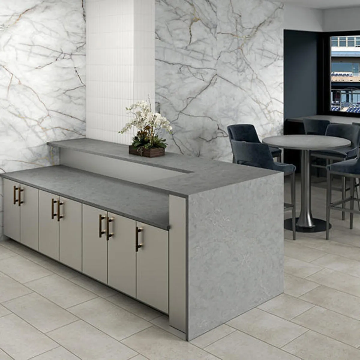 Image of installed ONE Quartz Surfaces Pulsar Grey Quartz countertops