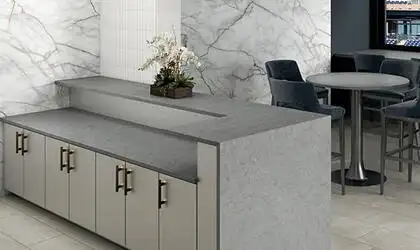 Image of installed ONE Quartz Surfaces Pulsar Grey Quartz countertops