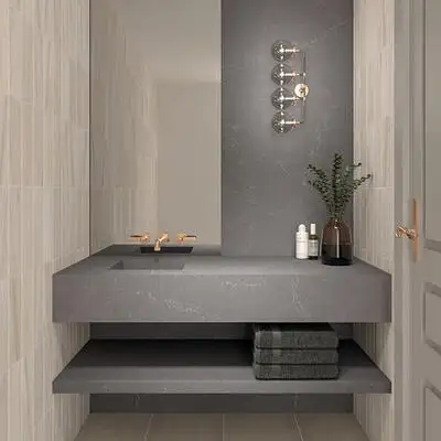 Image of installed ONE Quartz Surfaces Sirius Grey Quartz countertops