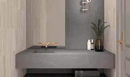 Image of installed ONE Quartz Surfaces Sirius Grey Quartz countertops