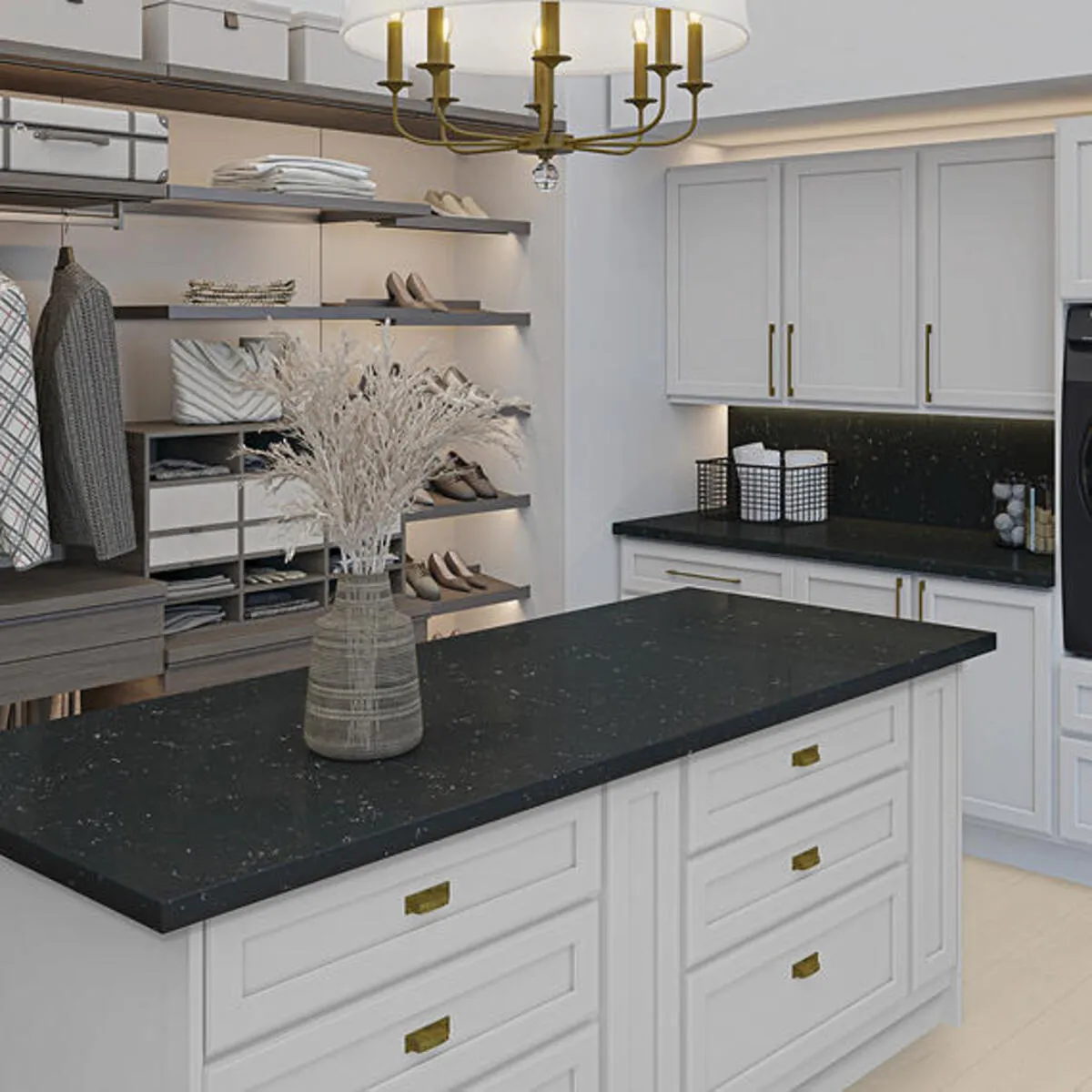 Image of installed ONE Quartz Surfaces Nightfall Black Quartz countertops