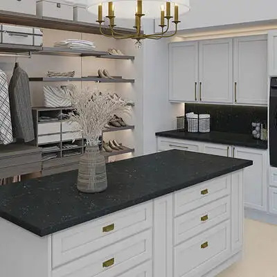 Image of installed ONE Quartz Surfaces Nightfall Black Quartz countertops