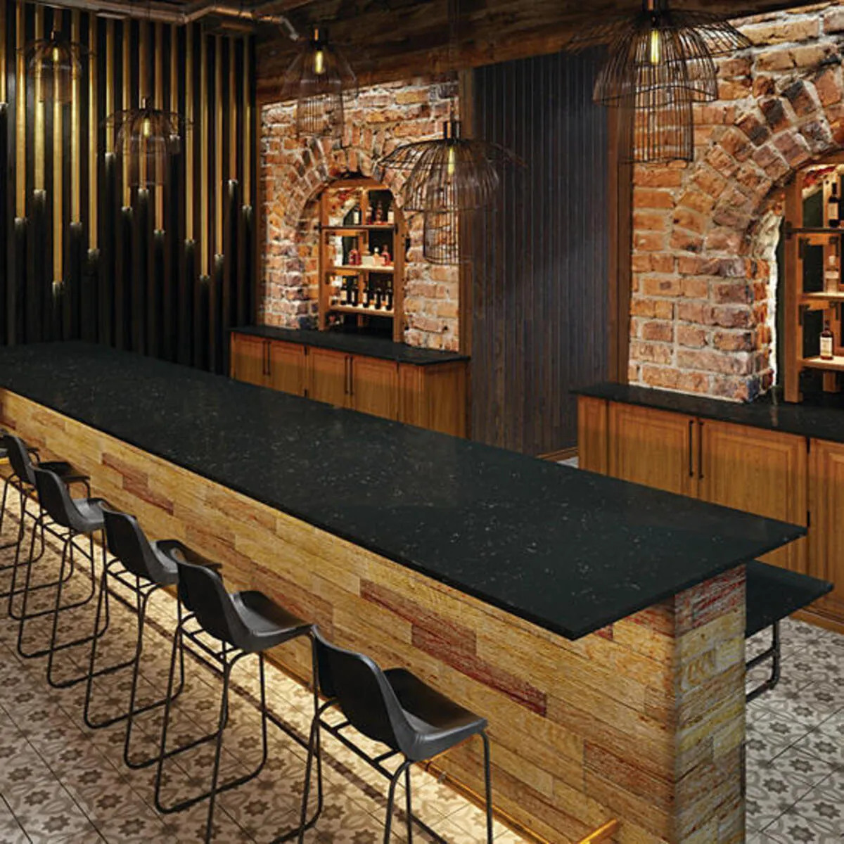 Image of installed ONE Quartz Surfaces Nightfall Black Quartz countertops