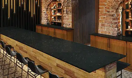 Image of installed ONE Quartz Surfaces Nightfall Black Quartz countertops