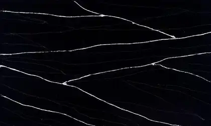 Closeup image of ONE Quartz Surfaces Black Canyon Black Quartz countertop slab