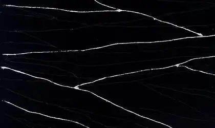 Image of installed ONE Quartz Surfaces Black Canyon Black Quartz countertops