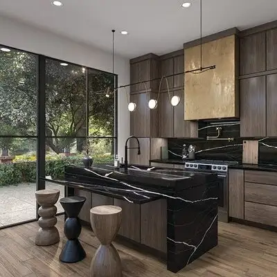 Image of installed ONE Quartz Surfaces Black Canyon Black Quartz countertops