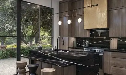 Image of installed ONE Quartz Surfaces Black Canyon Black Quartz countertops