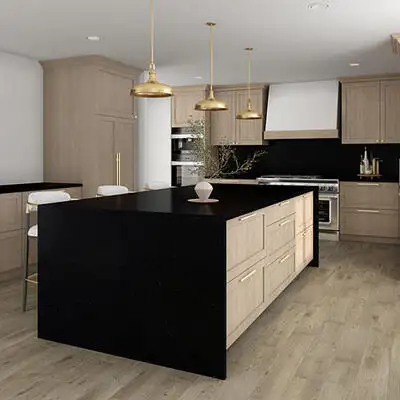 Image of installed ONE Quartz Surfaces Acadia Black Black Quartz countertops