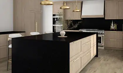 Image of installed ONE Quartz Surfaces Acadia Black Black Quartz countertops