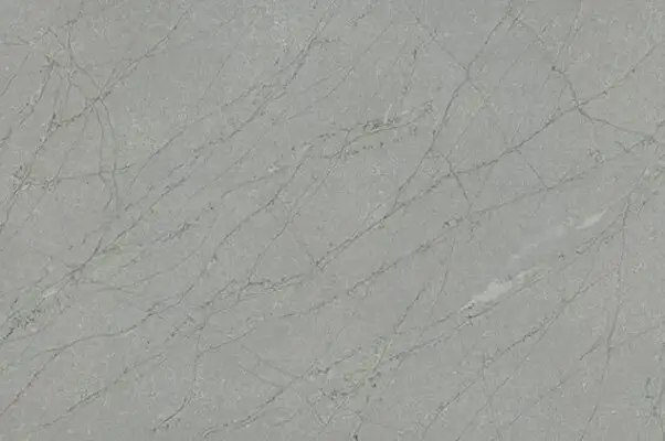 Closeup image of ONE Quartz Surfaces Amazonite Grey Grey Quartz countertop slab