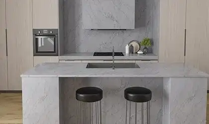 Image of installed ONE Quartz Surfaces Amazonite Grey Grey Quartz countertops